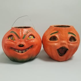 2 vintage Jack-O-Lanterns with paper faces including 1 double faced - 7 1/2" tall (paint retouched