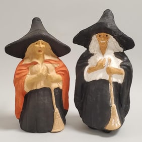 2 vintage pressed pulp witch figures - 1 with feet (repaired / touched up) 9" tall