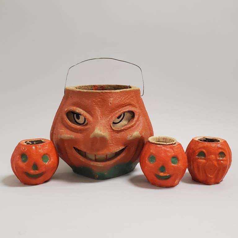 Vintage 5" pulp Jack-O-Lantern with paper face (as seen - worn touched up) & 3 - 2 1/2" pumpkin nut (1 of 12)