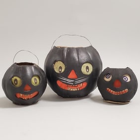 3 vintage black cat cardboard lantern with paper faces - 4 1/2" largest