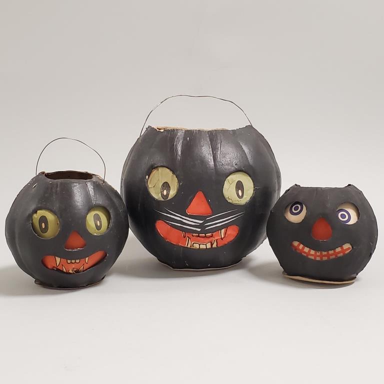 3 vintage black cat cardboard lantern with paper faces - 4 1/2" largest (1 of 11)