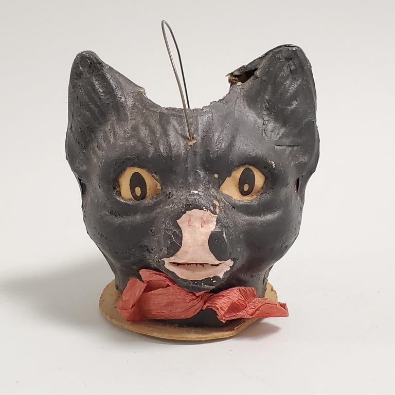 Vintage 3 1/2" black cat head lantern with original paper face: Vintage 3 1/2" black cat head lantern with original paper face
