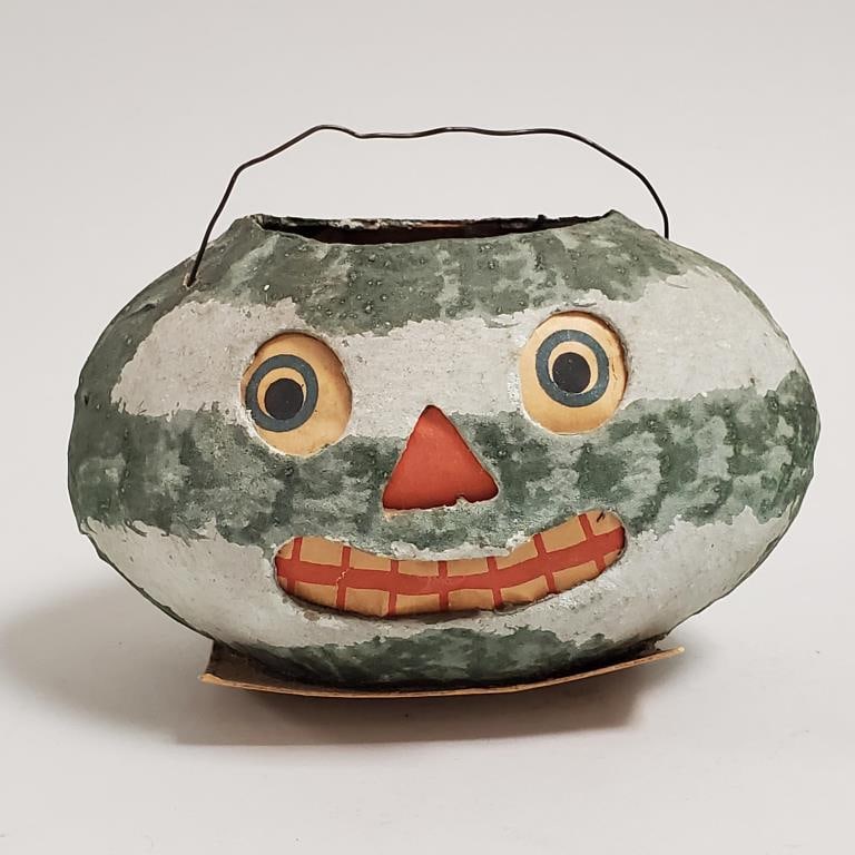 Vintage German cardboard watermelon lantern with paper face - approx. 3" x 4 1/2" (1 of 7)