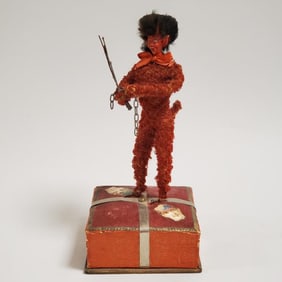 Antique German chenille Krampus figure on candy box - 7" overall height; 5 1/2" figure only