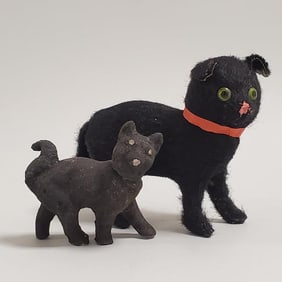 2 vintage black cat candy containers - 4" mohair with green glass (?) eyes & a 2 1/2" composition