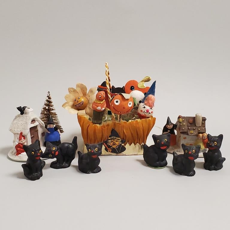 Group vintage Halloween items: 4 1/2" nut cup w/ 6 German black cats, stick pins, 2 bisque Snow (1 of 13)
