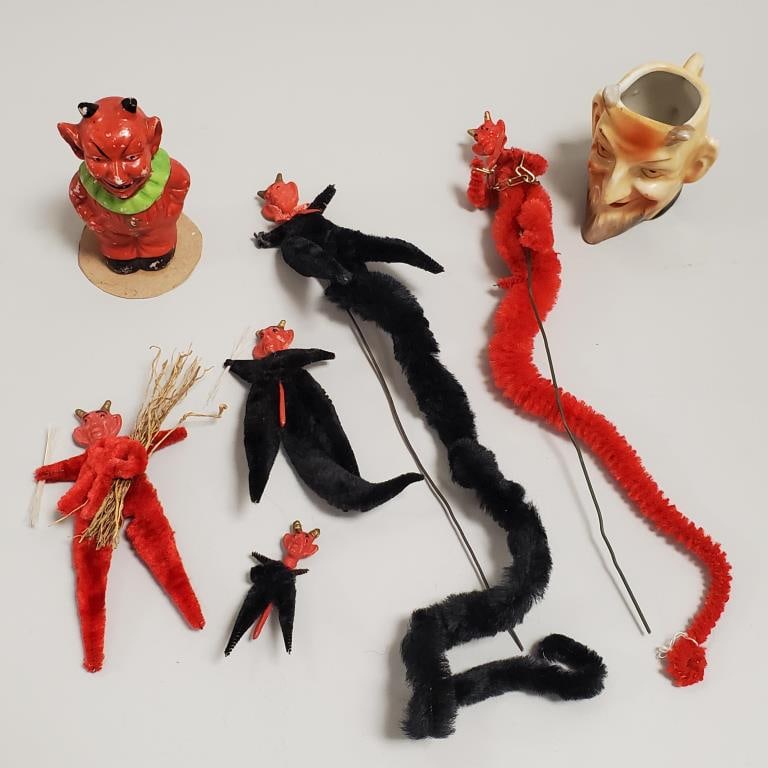 7 vintage Devil themed items: 3" bisque figure, 2 1/4" mug, & 5 chenille decorations (1 of 13)