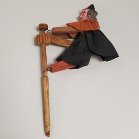 Vintage German witch ratchet noisemaker with papier-mache head 9"L