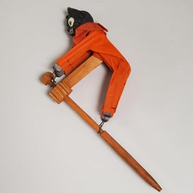 Vintage German cat ratchet noisemaker with papier-mache head 9"L