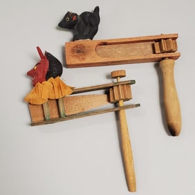 2 Vintage German wood ratchet noisemakers: papier-mache cat & devil head 6"T