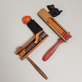 2 Vintage wood ratchet noisemakers: Japan cat & a pumpkin head figure 6"T