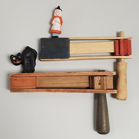 2 Vintage German wood ratchet noisemakers: standing witch & a black cat - 7" longest