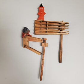 2 Vintage German wood ratchet noisemakers: orange standing witch & a black cat - 9" tallest