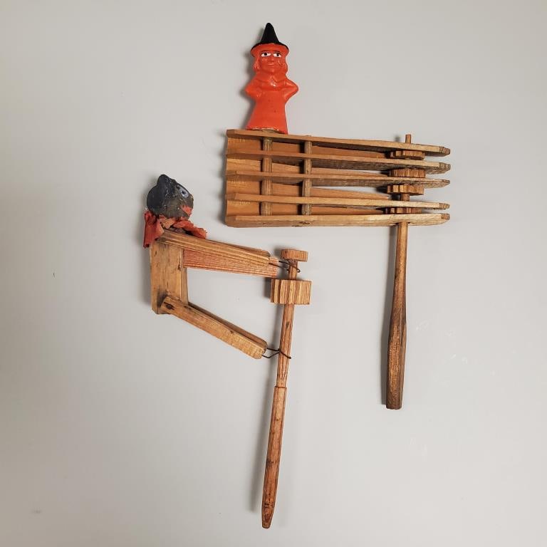 2 Vintage German wood ratchet noisemakers: orange standing witch & a black cat - 9" tallest (1 of 13)