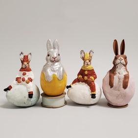 4 vintage German papier-mache rabbit on / in candy containers - 5" tallest