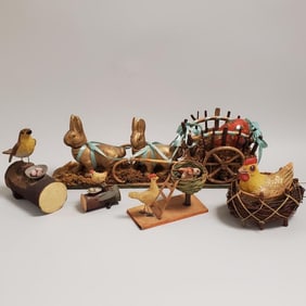 5 antique / vintage German candy containers, etc incl. birds on logs (ends sealed) 15"L, rabbits