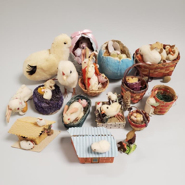 2 vintage papier-mache, etc eggs with jointed rabbits inside 5" OD & collection of cotton chicks & (1 of 14)