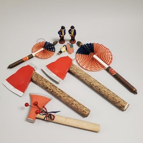 8 asst. vintage patriotic holiday items incl. 3 axe candy containers 11 " largest, 2 cigar fans, & 3