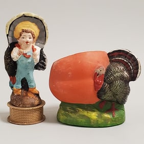 Antique German boys with turkey candy container- 4"T & a vintage U.S. zone Germany turkey & pumpkin
