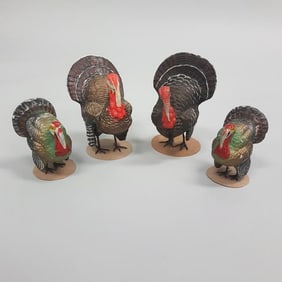 4 vintage German turkey candy containers- 5 1/4" tallest (1 foot repaired) on new cardboard bases