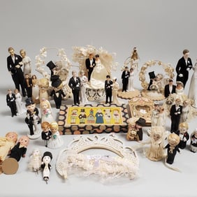 Collection of over 30 vintage bride & groom cake toppers- some German bisque- 6 1/2" tallest