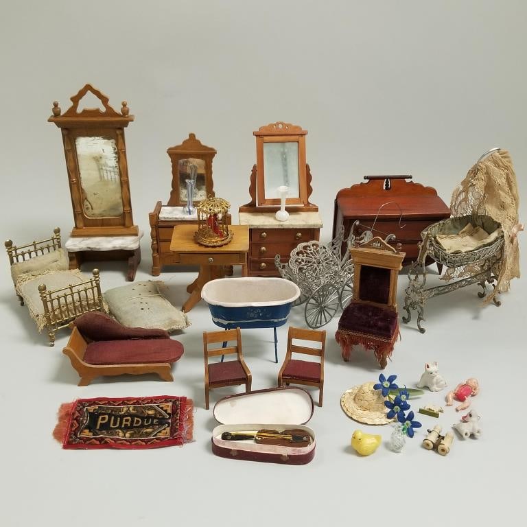 Collection of antique doll house furniture incl. marble top & accessories- over 20 pcs. (1 of 13)