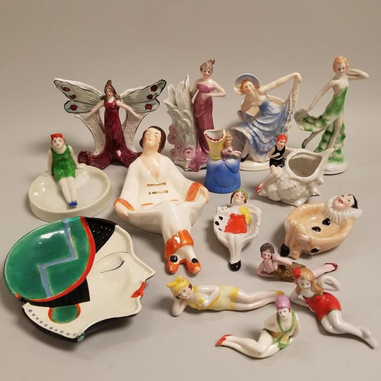 Collection of 15 pcs. art deco, etc porcelain bathing beauties, trays, vases, etc- 7" largest (some (1 of 20)