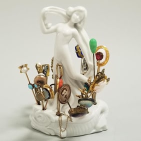 German figural pin holder with many hatpins incl. cameo, etc- 4 1/2" tall