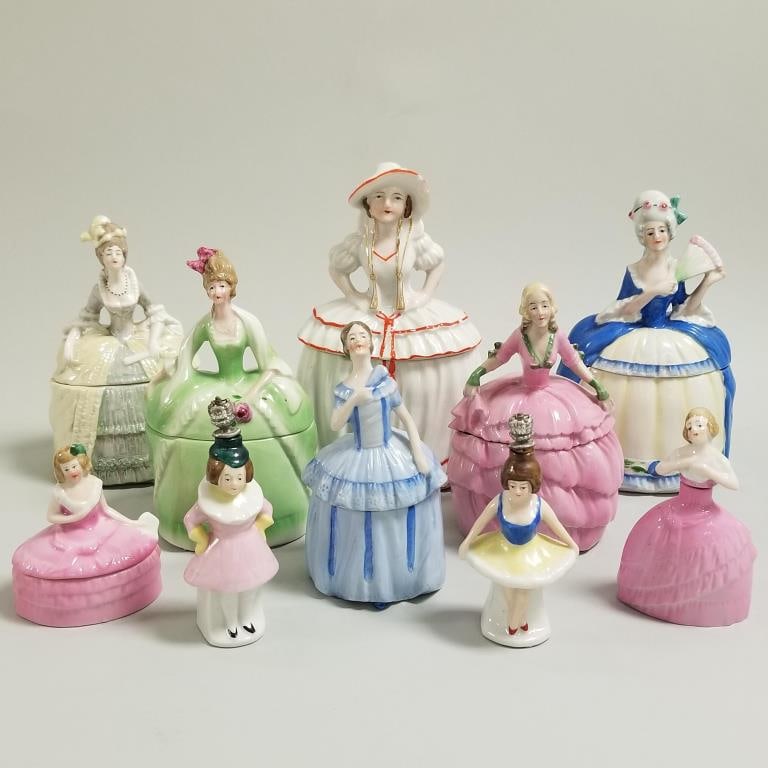 Collection German porcelain figural powder boxes & perfume bottles- 10 pcs. total- 6 1/2" tallest (1 of 12)