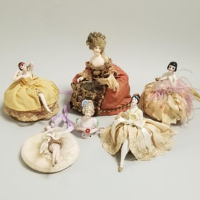 6 antique & deco figural pin cushion dolls & a half doll- 6 1/2" tallest