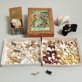 Group antique paper litho, etc items incl. German Jack-in-the-Box, boxed puzzle blocks, over 50