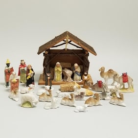 Group vintage miniature German, etc bisque nativity figures- approx. 23 pcs.- 2" tallest