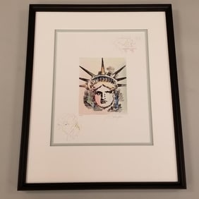 Peter Max framed signed & numbered 24/495 etching "Liberty Head II"  with hand drawn colored pencil