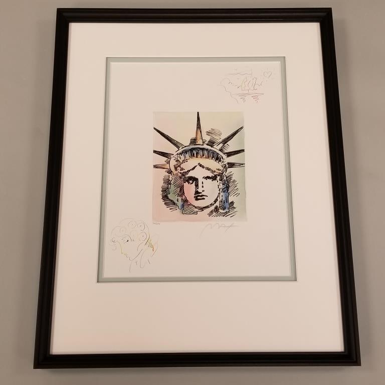 Peter Max framed signed & numbered 24/495 etching "Liberty Head II"  with hand drawn colored pencil (1 of 8)