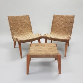 Pair of Jens Risom for Knoll Associates strap chairs with early labels & footstool (staining to