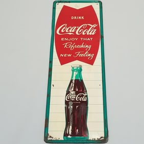 Vintage Drink Coca-Cola "Enjoy That Refreshing New Feeling" tin advertising sign - 17 1/2" x 53 1/2"