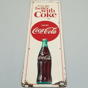 Vintage Drink Coca-Cola "Things go better with Coke" tin advertising sign - 17 1/2" x 53 1/2" (as