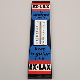 Ex-Lax "The Chocolate Laxative" enameled advertising thermometer - 8" x 36 1/4"