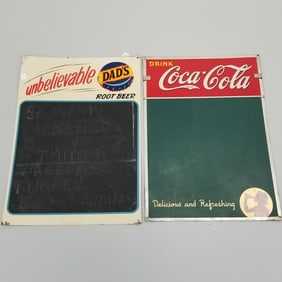 2 vintage advertising menu boards - Coca-Cola & Dad's Root Beer - 19 1/2" x 27 1/2" largest (as