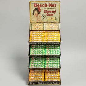 Vintage Beechnut Gum display tin litho with modern gum packs - 15" high