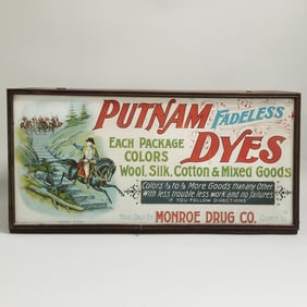 Putnam Fadeless Dyes advertising double sided tin litho cabinet with full inside label - 21" wide x