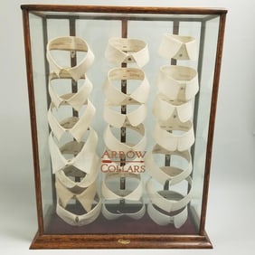 Arrow Collar oak & glass display case with original decals & full set of original collars - 19" wide