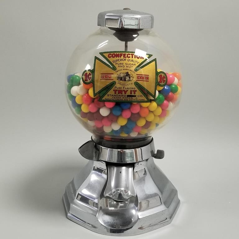 Simpson 1 cent gumball machine - circa 1920's nickel base & top with Log Cabin Products original (1 of 12)