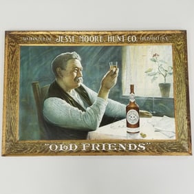 Jesse-Moore-Hunt Co. bourbon advertising self- framed tin sign "Old Friends" (some spotting, etc.) -
