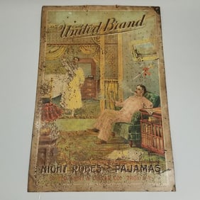 Antique United Brand Night Robes - Pajamas advertising tin sign (as seen - worn) 11 3/4" x 17 3/4"