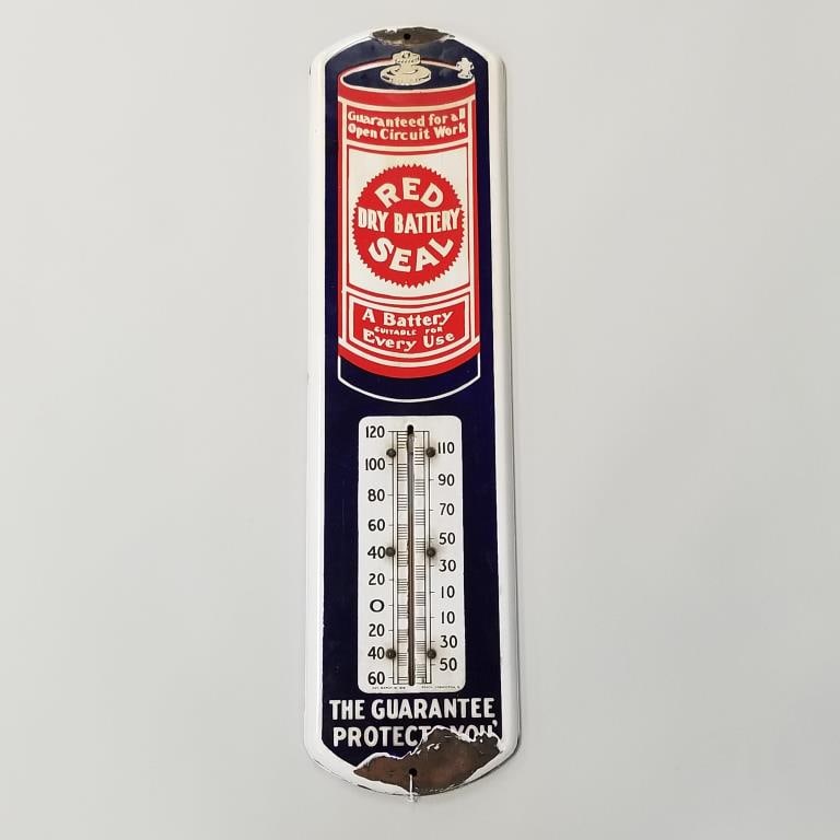 Red Seal Dry Battery porcelain advertising thermometer - patent 1915 - 27" long x 7" wide (1 of 6)