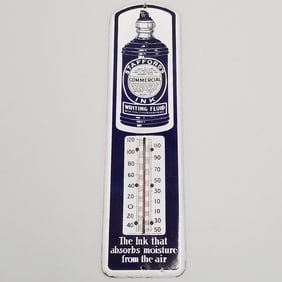 Stafford's Commercial Ink porcelain enameled thermometer sign - 7" wide x 27 1/4" long