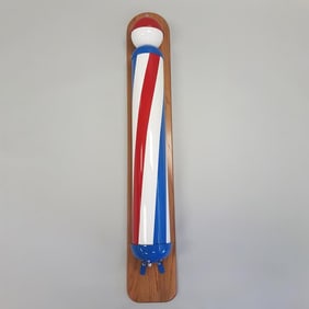 Early antique painted metal barber pole - approx. 63" tall (72" overall height) - restored