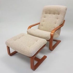 Teak upholstered lounge chair and ottoman