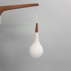 Mid-century teak hanging fixture with Italian glass shade - 14" wide x 12" high